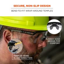 Secure non-slip design, bend to fit wrap around temples. Rubber nose bridge for comfort. Temples bend in any direction.