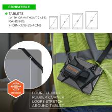 Tablet secured by four black elastic corner straps and a small pouch clipped to a neon green safety vest; diagram showing 7-10" tablet sizes.