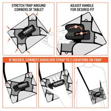 Diagram of tablet holder with corner elastic straps, adjustable padded handle, and shoulder strap shown worn across torso.