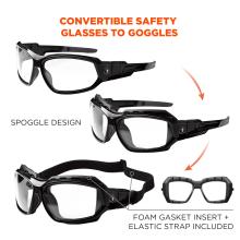 Convertible safety glasses to goggles. Spoggle design. Foam gasket insert and elastic strap included