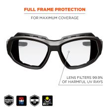 Full frame protection: for maximum coverage. Lens filters 99.9% of harmful UV rays. Lens filters 99.9% of harmful UV rays. ANSI/ISEA z87.1+. EN-166 rated. CSA Z94.3. MIL PRF.