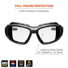 Full frame protection for maximum coverage. Lens filters 99.9% of harmful uv rays. ANSI, EN 166, and CSA compliant