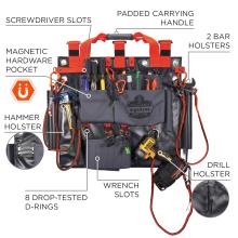 Screwdriver slots. Padded carrying handle. 2 bar holsters. magnetic hardware pocket. Hammer holster. 8 drop-tested d-rings. Wrench slots. Drill holster.