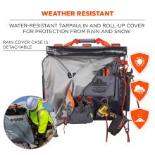 Weather resistant. Water-resistant tarpaulin and roll-up cover for protection from rain and snow. Rain cover case is detachable. Sun, wind, dust badges.