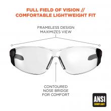 Full field of vision/comfortable lightweight fit: frameless design maximizes view. Contoured nose bridge for comfort. ANSI-compliant.
