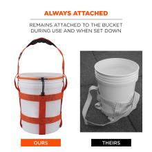 Two-panel comparison: left color photo of white bucket with orange harness and lid; right grayscale photo of white bucket with loose strap, labels "OURS" and "THEIRS"