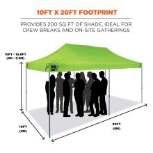 10FT x 20FT footprint. Provides 200 sq ft of shade, ideal for crew breaks and on site gatherings. Shows a footprint of 10 ft by 20 ft or 3 m by 6 m, with an overall height range of 10 ft to 10.8 ft or 3 m to 3.3 m.