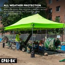 All weather protection. Rugged 300D polyester canopy with waterproofing PU coating and UV treatments. Includes CPAI 84 flame resistance rating.