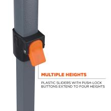 Multiple heights. Plastic sliders with push lock buttons extend to four heights.