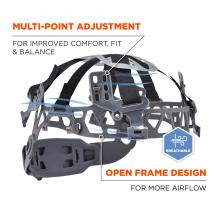 Multi-point adjustment: 6-point suspension with height adjustment for improved fit and balance. Breathable: open frame design for more airflow