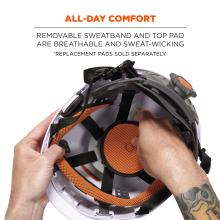 All-day comfort: removable sweatband and top pad are breathable and sweat-wicking. *replacement pads sold separately.