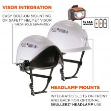 Visor integration: easy bolt-on mounting of safety visor (*visor sold separately). Headlamp mounts: integrated slots on front and back for optional Skullerz Headlamp use. 3x AAA batteries included. image 4