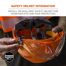 Safety helmet integration: install on Skullerz safety helmet for increased eye and face protection. ANSI/ISEA Z87.1+ compliant. EN 166 compliant. Impact resistant. 