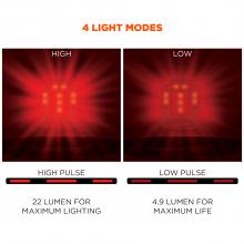 4 light modes: High or high pulse (22 lumen for maximum lighting.) Low or low pulse (4.9 lumen for maximum life). 