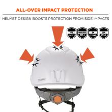 Helmet design for additional impact protection. Arrows point to all sides of the safety helmet. Text on helmet says “EN 12492 side impact compliance”. 