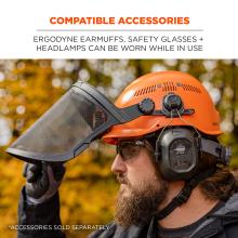 Compatible accessories. Ergodyne earmuffs, safety glasses and headlamps can be worn while in use. Accessories sold separately.