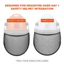 Designed for ergodyne hard hat and safety helmet integration. Safety helmet on left, hard hat on right with face shield installed. Only face shield included.