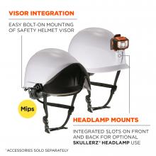 Visor integration: easy bolt-on mounting of safety helmet visor. Headlamp mounts: Integrated slots on front and back for optional Skullerz Headlamp use. *accessories sold separately. 