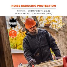 Noise reducing protection. Tested and certified to 26db noise reduction rating. ANSI/ISEA S3.19 compliant 