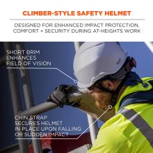 Climber-style safety helmet designed for enhanced impact protection, comfort and security during at-heights work. Short brim enhances field of vision, chin strap secures helmet in place upon falling or sudden impact