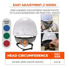 Easy adjustment and sizing: one-handed adjustment knob pivots to clear bandanas or ponytail knots. Head circumference: 20.5 to 25 inches or 52 to 64 centimeters. Hat size ranges from 6.5 to 8