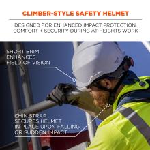 Climber-style safety helmet designed for enhanced impact protection, comfort and security during at-heights work. Short brim enhances field of vision, chin strap secures helmet in place upon falling or sudden impact