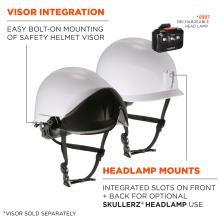 Visor integration: easy bolt-on mounting of safety helmet visor. Headlamps mounts with integrated slots on front and back for optional 8987 Skullerz rechargeable headlamp use. Headlamps sold seperately