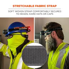Stretchable fabric strap. Soft woven strap comfortably secures to heads, hard hats or caps.