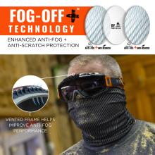 Fog-off+ technology. enhanced anti-fog and anti-scratch protection. Vented frame helps improve anti-fog performance. Fog-off+ technology. Inner lens: enhanced anti-fog and anti-scratch. Middle lens: UV protection. Outer lens: Enhanced anti-fog and anti-scratch.