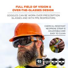 Full field of vision and over-the-glasses design. Goggles can be worn over prescription glasses and with ppe respirators. Adjustable neoprene strap is soft and woven. D3 splash rating, meets ansi/isea z87.1-2020 standards, EN166, CSA Compliant badges.