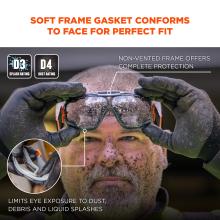 Soft frame gasket conforms to face for perfect fit. Non-vented frame offers complete protection. Limits eye exposure to dust, debris and liquid splashes. D3 splash rating. D4 splash rating.