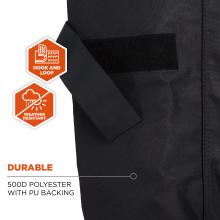 Close-up of black fabric with Velcro strip, diagonal strap, and two orange hexagon icons labeled Hook and Loop and Weather Resistant