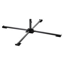 Black metal four-arm cross base with central vertical tube and flat mounting plates on white background.