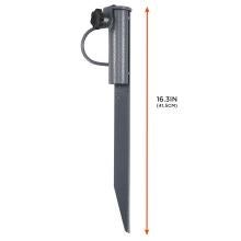 Gray metal ground stake with tubular adjustable sleeve, black plastic tightening knob, loop handle and pointed tip; orange arrow labeled 16.3in (41.5cm).
