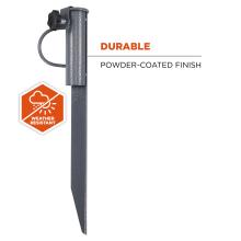 Textured gray powder-coated metal ground stake with clamp, black adjustment knob, loop handle, and orange weather-resistant icon and Durable text.