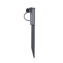 Gray textured metal stake with cylindrical top, looped side handle, black plastic screw knob, and long pointed blade