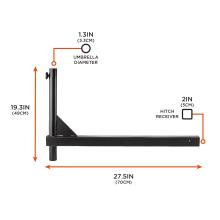 Black metal L-shaped bracket with vertical cylindrical post, triangular support gusset, horizontal rectangular arm with square hitch receiver hole and orange measurement arrows