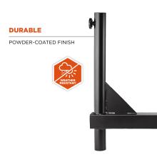 Close-up of a black powder-coated metal post with adjustment knob and welded triangular support, showing "Durable" and "Powder-coated finish" text and orange weather-resistant icon