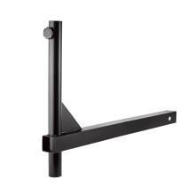 Black metal bracket with vertical round post and knob, triangular support gusset, and horizontal rectangular arm with circular end hole