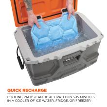 Quick recharge: cooling packs can be activated in 5-15 minutes in a cooler of ice water, fridge or freezer. Image shows person putting packs into cooler full of ice.
