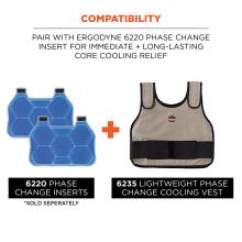 Three blue hexagonal gel inserts on left and a beige vest with black straps on right, separated by an orange plus sign.