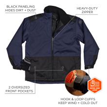 Black paneling hides dirt plus dust. Heavy duty zipper. Two oversized front pockets. Hook and loop cuffs keep wind plus cold out.