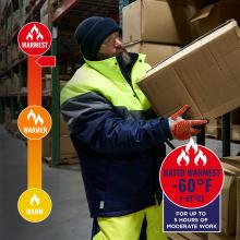 Jacket is rated warmest to -60 degrees fahrenheit or -51 degrees celsius for up to 5 hours of moderate work.