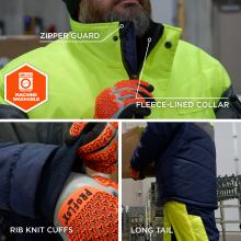 Additional jacket comfort features include a zipper guard, fleece-lined collar, rib knit cuffs, and a long tail. The jacket is machine washable.