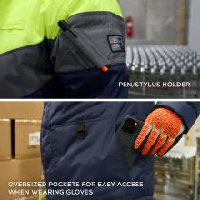Technology features include a pen/stylus holder as well as oversized pockets for easy access when wearing gloves
