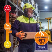 Jacket is rated warmer to -10 degrees fahrenheit or -23 degrees celsius for up to 5 hours of moderate work.