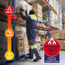 Jacket is rated warmest to -50 degrees fahrenheit or -46 degrees celsius for up to 5 hours of moderate work.
