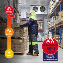 Jacket is rated warmest to -50 degrees fahrenheit or -46 degrees celsius for up to 5 hours of moderate work.