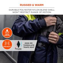 Rugged and warm: durable polyester nylon blend shell won't restrict range of motion. 100% polyester fleece lined collar. 200G 3M Thinsulate traps heat. Water repellent, non-bulky.