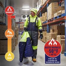 Jacket is rated warmest to -50 degrees fahrenheit or -46 degrees celsius for up to 5 hours of moderate work.